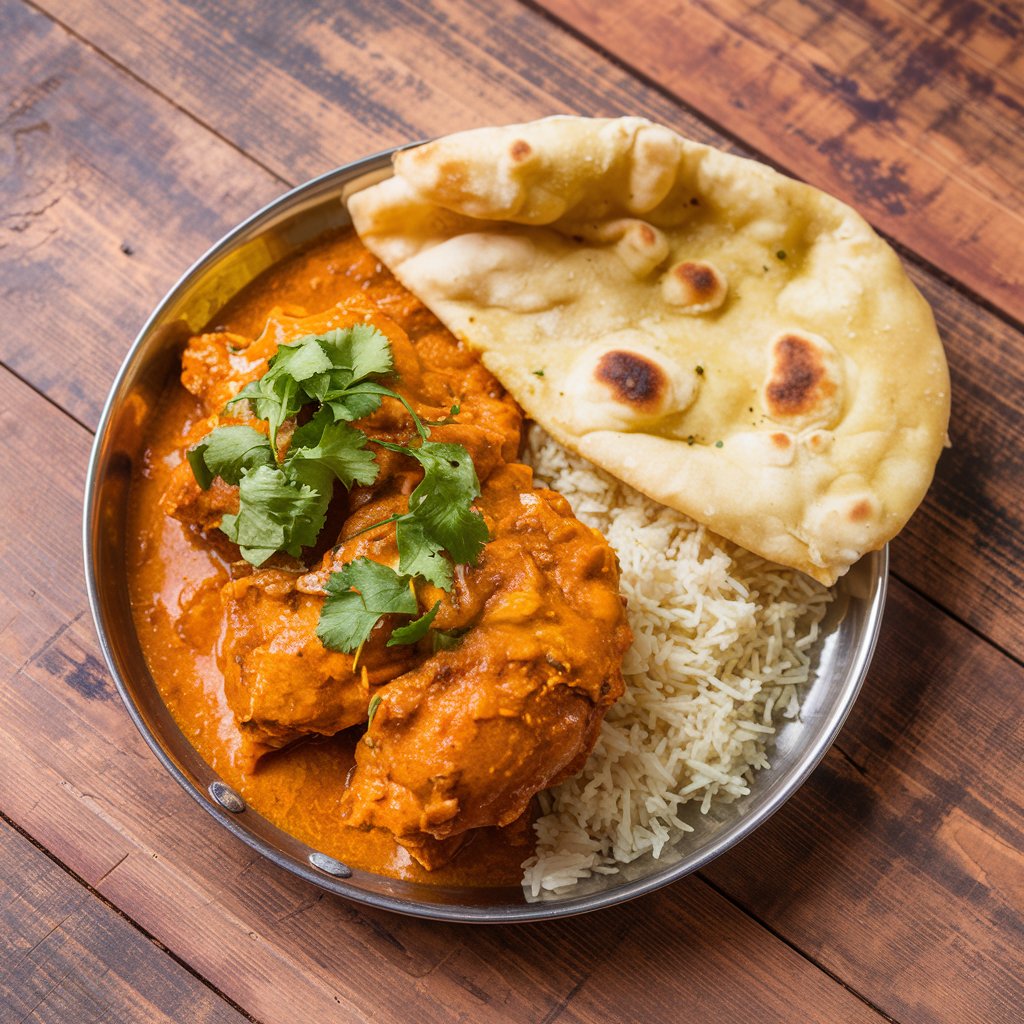 Delicious homemade Indian Butter Chicken (Murgh Makhani) served with naan and rice