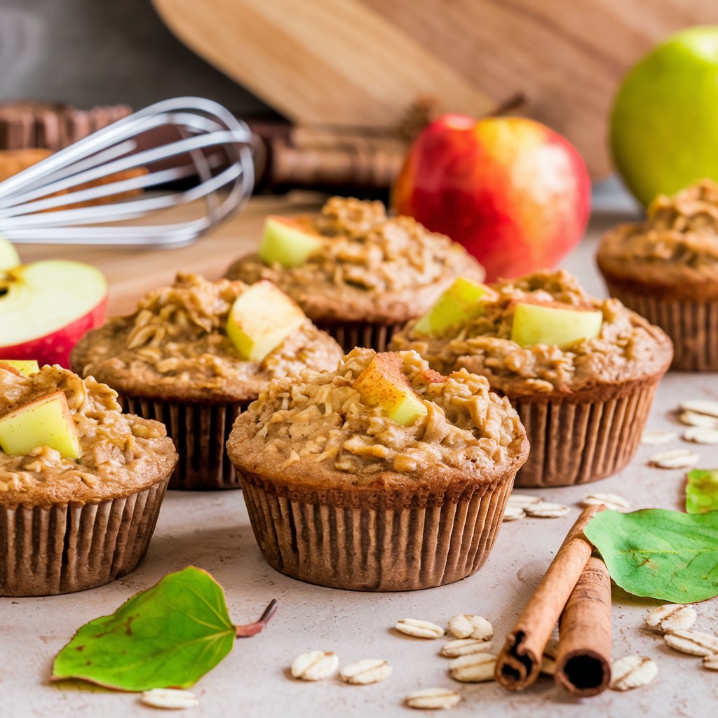 Close-up of apple cinnamon oatmeal cups with golden-brown crusts, visible apple chunks, and a sprinkle of cinnamon, set against a cozy autumn kitchen background.