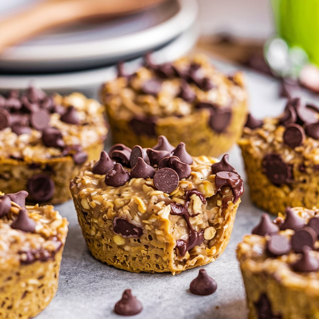 Close-up of baked chocolate chip oatmeal cups with Greek yogurt, topped with mini chocolate chips and gooey chocolate pieces peeking through, set in a cozy kitchen.