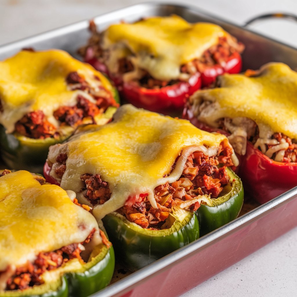 Close-up shot of a stuffed bell pepper being filled with turkey and black bean mixture.