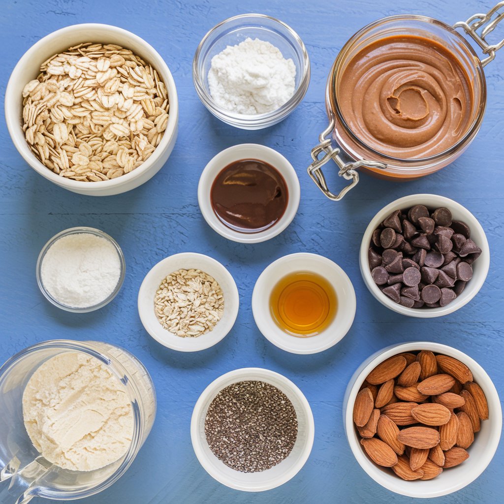 All the ingredients for chocolate almond protein bars laid out on a blue table, shot from above.