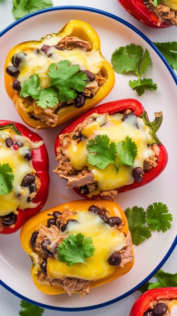 Stuffed bell peppers with turkey and black beans on a plate, topped with melted cheese and garnished with cilantro.