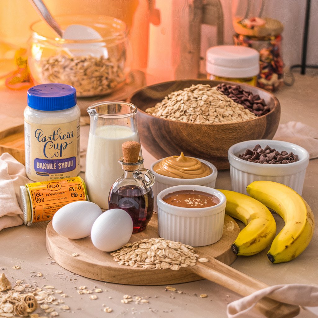 A creative scene with all the ingredients for baked oatmeal cups—oats, eggs, peanut butter, bananas, and more—on a rustic table, with a unique bowl in the background.